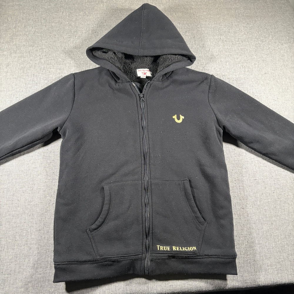 True Religion Full Zip Hoodie Women L Black Sherpa Lined Buddha Graphic